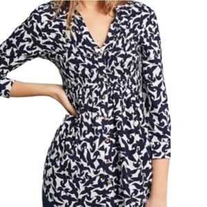 Maeve Alexa Blue White Linen Blend V-Neck 3/4 Sleeve Blouse XS